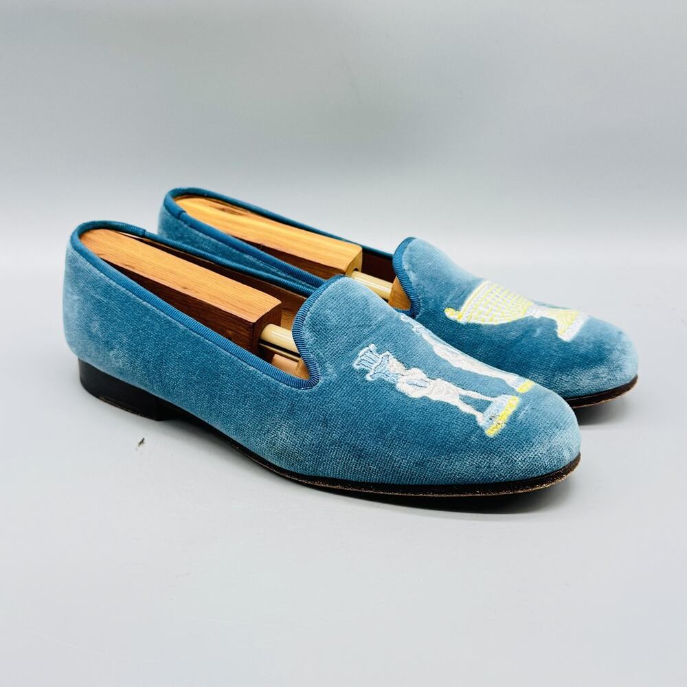 Stubbs & Wootton Shoes Womens 7.5 Blue Velvet Smoking Loafer Statues Trophy Cup